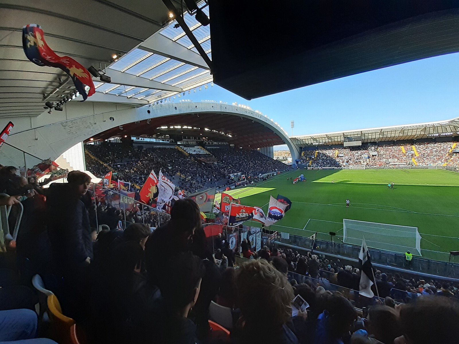 Supporters and the pitch inside the Bluenergy Stadium in Udine during a Serie A match