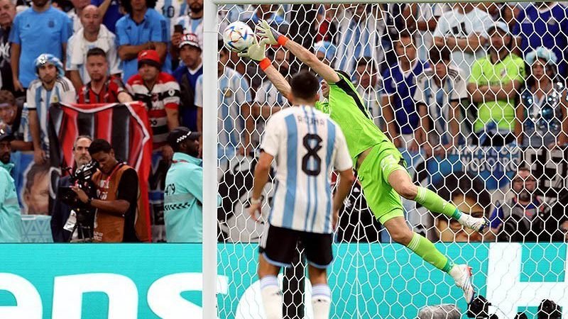 Emiliano 'Dibu' Martínez flies to make a save for Argentina at the 2022 World Cup in Qatar