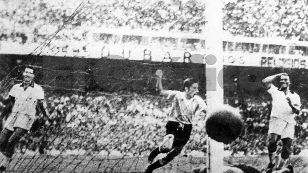 Ghiggia scores the title-winning goal for Uruguay against Brazil at the Maracanã in the 1950 World Cup final — the Maracanazo