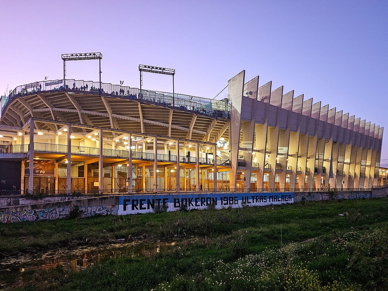 Estadio La Rosaleda in Málaga at dusk