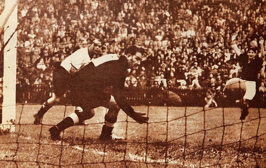 Goalmouth action from the 1954 World Cup final between West Germany and Hungary at Wankdorf Stadium, Bern